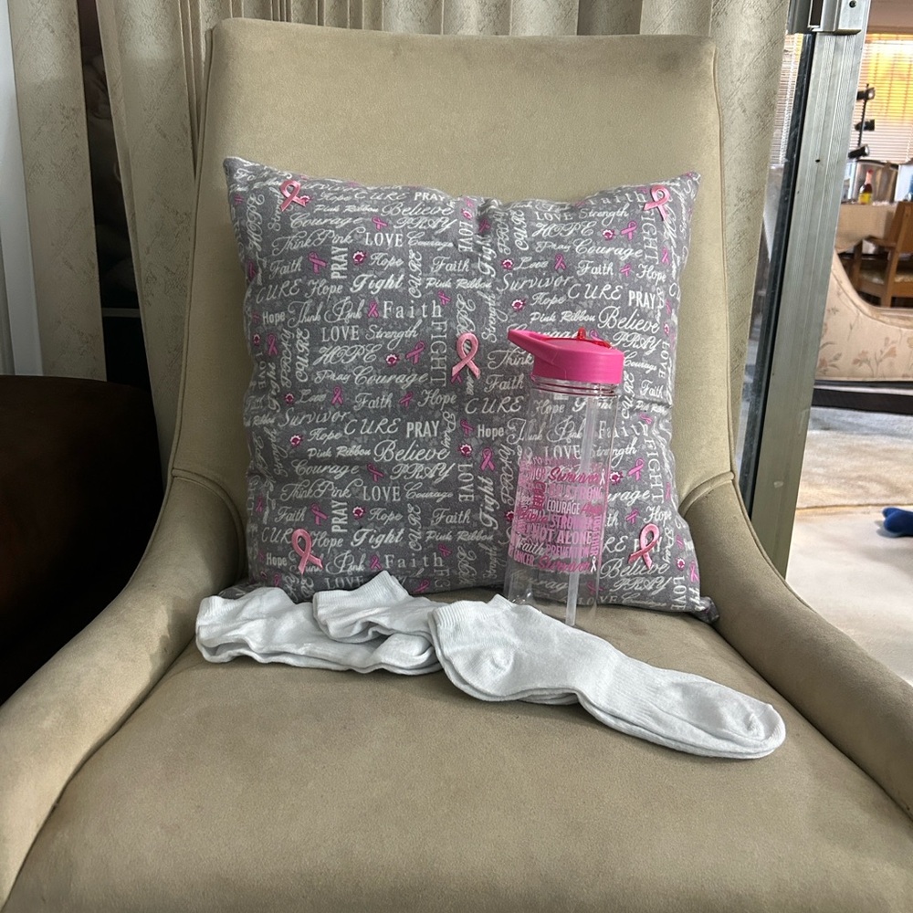 Gray and Pink Inspirational Pillow with Plastic Water Bottle and Socks - Picture 1 of 6